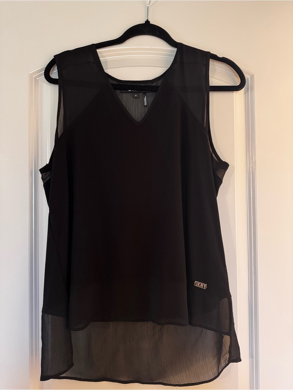 Black Sleeveless V-Neck Chiffon Overlay Top by DKNY - Picture 1 of 4
